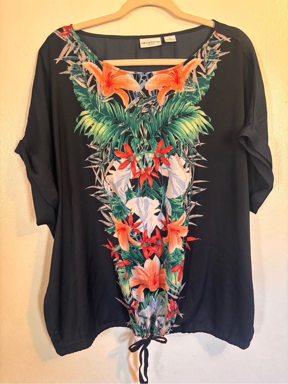 Liz Claiborne Navy Tropical Floral Drawstring Tunic